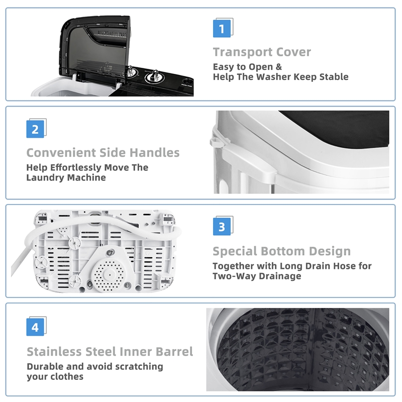 13lbs Portable Semi Automatic Twin Tub Wash Machine Black