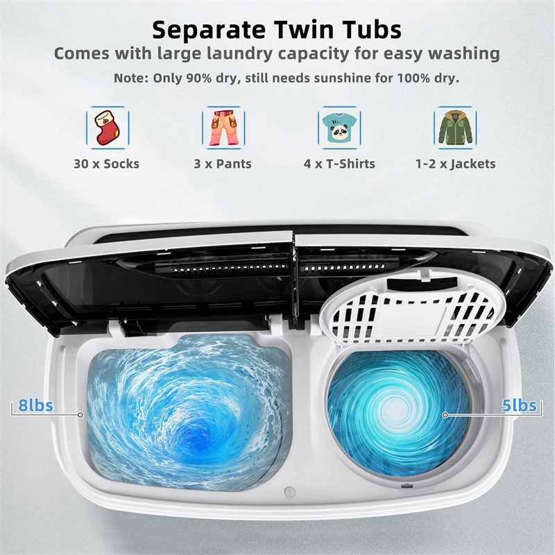 13lbs Portable Semi Automatic Twin Tub Wash Machine Black