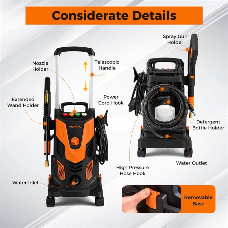 Ironmax Electric Pressure Washer with 4 Nozzles and Wheels for Orange