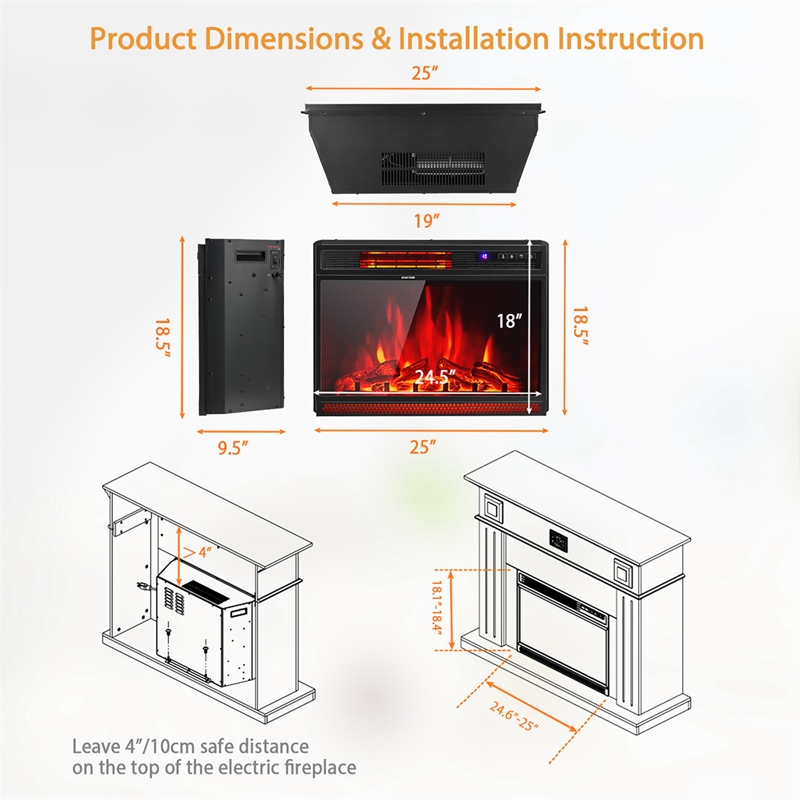 25inch Electric Fireplace Freestanding and Recessed Heater Black