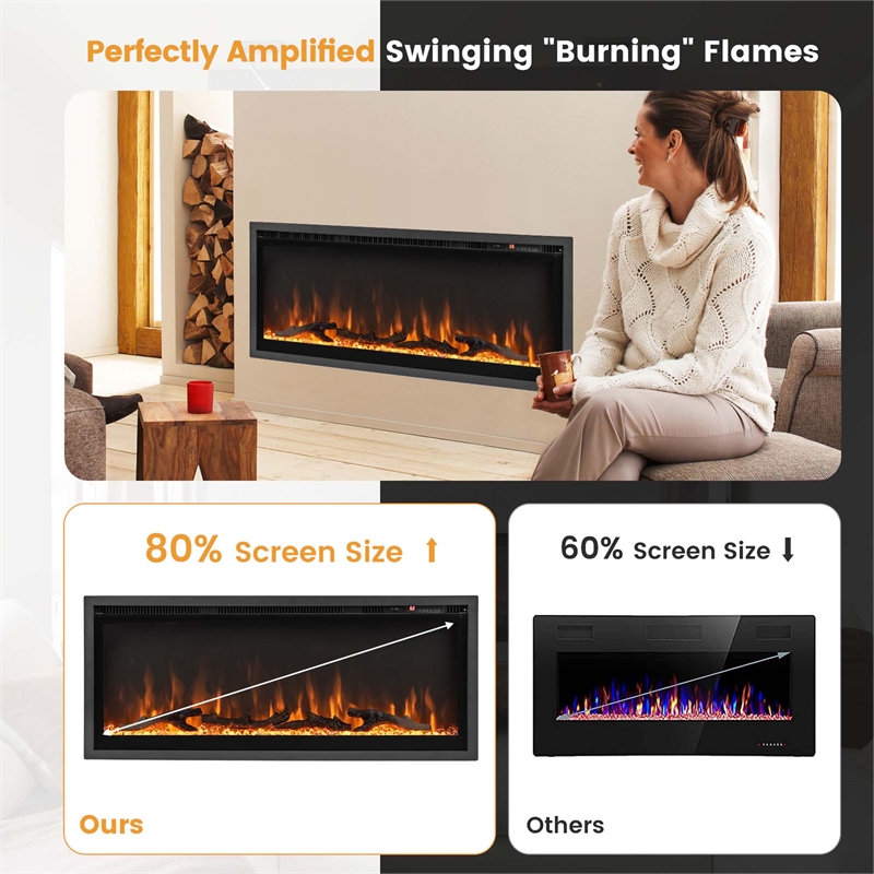 42inch Electric Fireplace Recessed Wall Mounted Freestanding Black