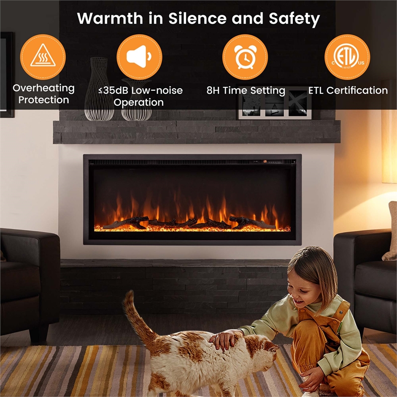 42inch Electric Fireplace Recessed Wall Mounted Freestanding Black