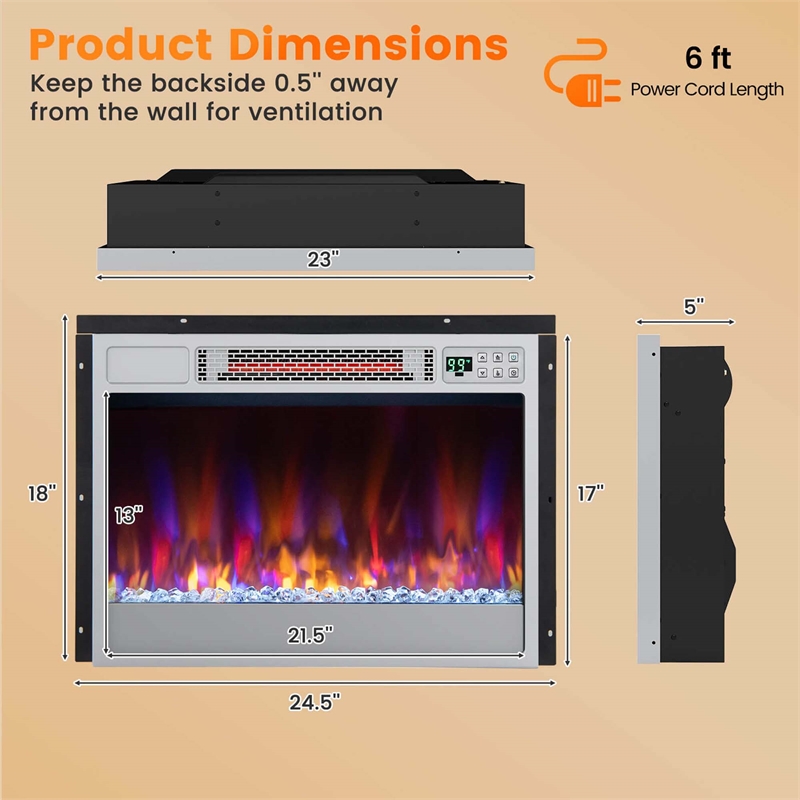 23 inch Infrared Quartz Electric Fireplace Insert with Remote Control Silver