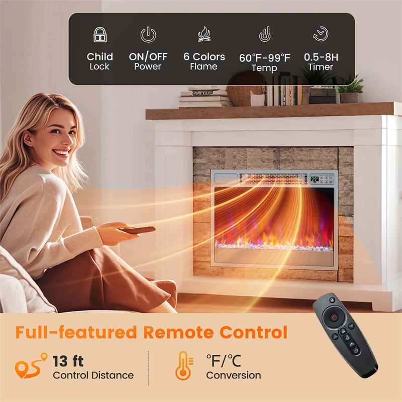 23 inch Infrared Quartz Electric Fireplace Insert with Remote Control Silver