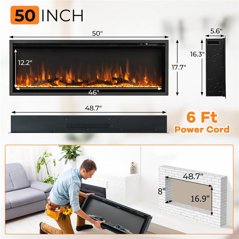 50inch Electric Fireplace Recessed Wall Mounted Freestanding Black