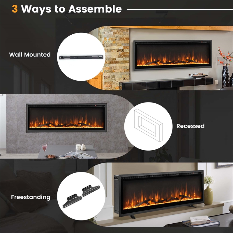 50inch Electric Fireplace Recessed Wall Mounted Freestanding Black