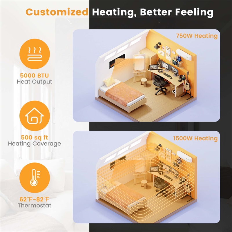 50inch Electric Fireplace Recessed Wall Mounted Freestanding Black