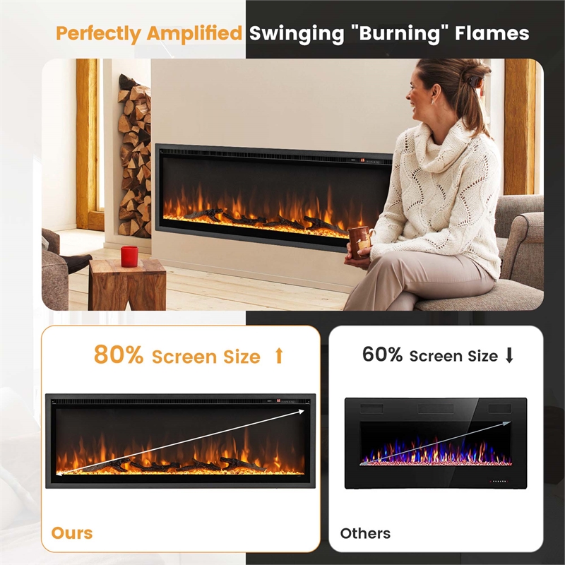50inch Electric Fireplace Recessed Wall Mounted Freestanding Black