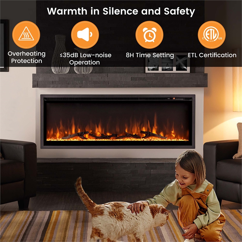 50inch Electric Fireplace Recessed Wall Mounted Freestanding Black