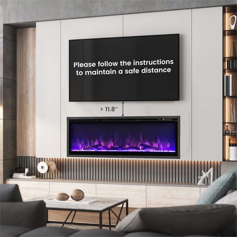 50inch Electric Fireplace Recessed Wall Mounted Freestanding Black