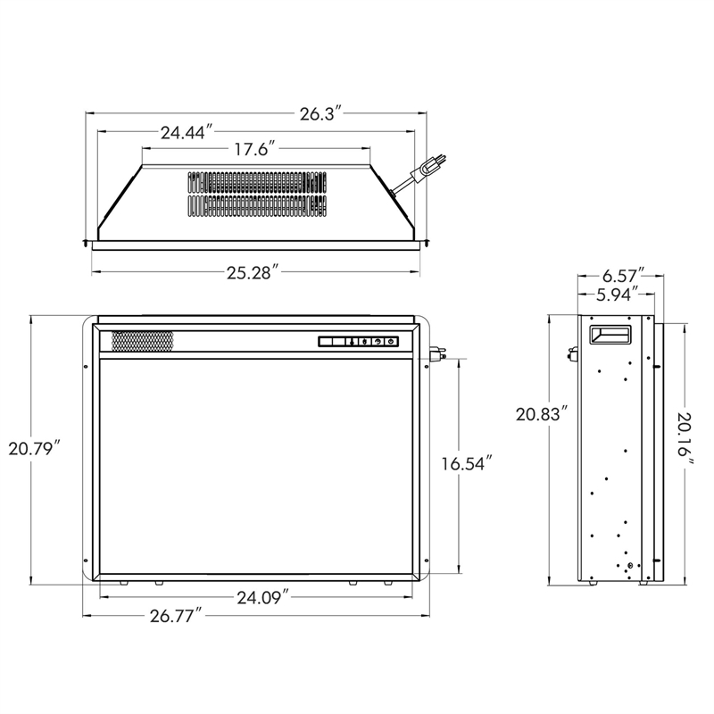 26 Inch Recessed Electric Fireplace heater with Remote Control Black