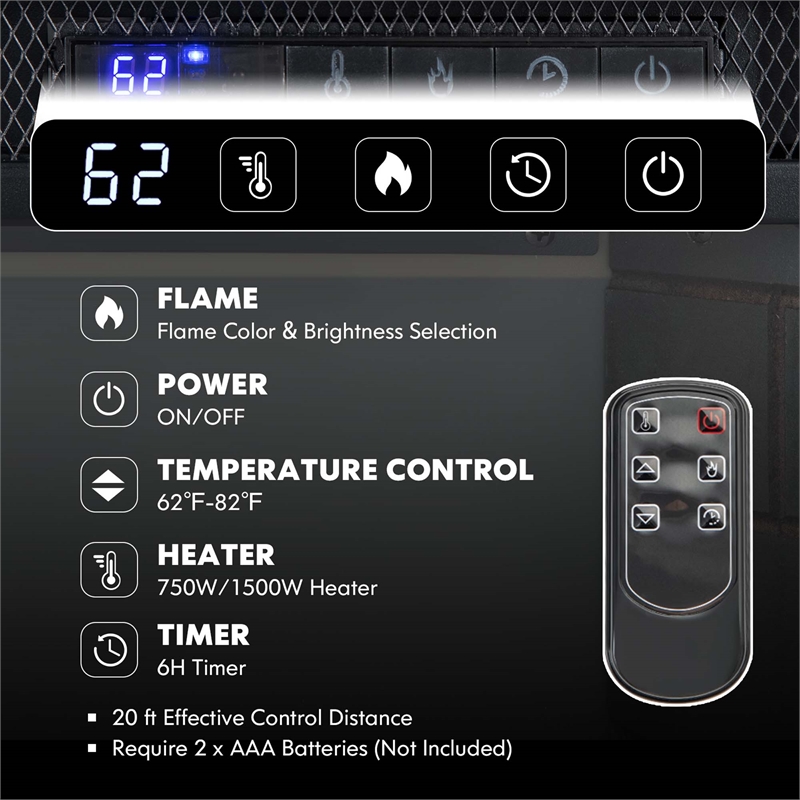 26 Inch Recessed Electric Fireplace heater with Remote Control Black