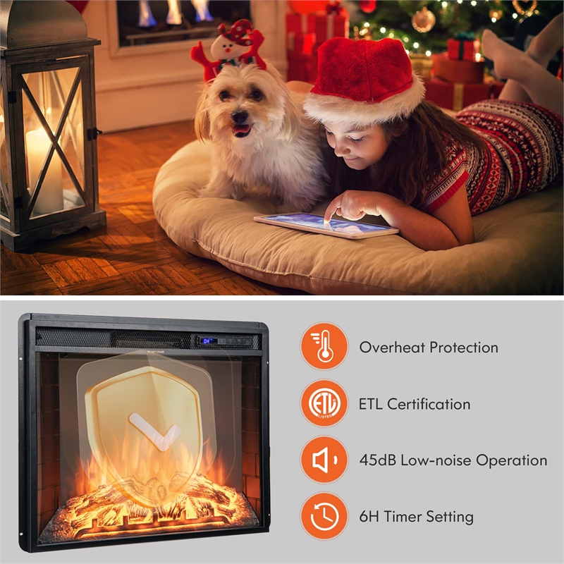 26 Inch Recessed Electric Fireplace heater with Remote Control Black
