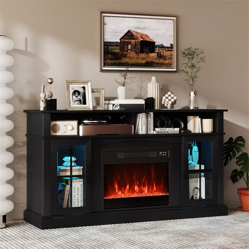 58inch Fireplace TV Stand with LED Lights for 65 Inch TV Black