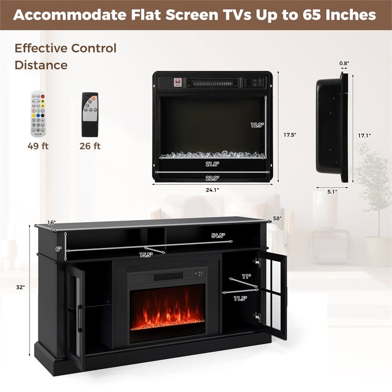 58inch Fireplace TV Stand with LED Lights for 65 Inch TV Black
