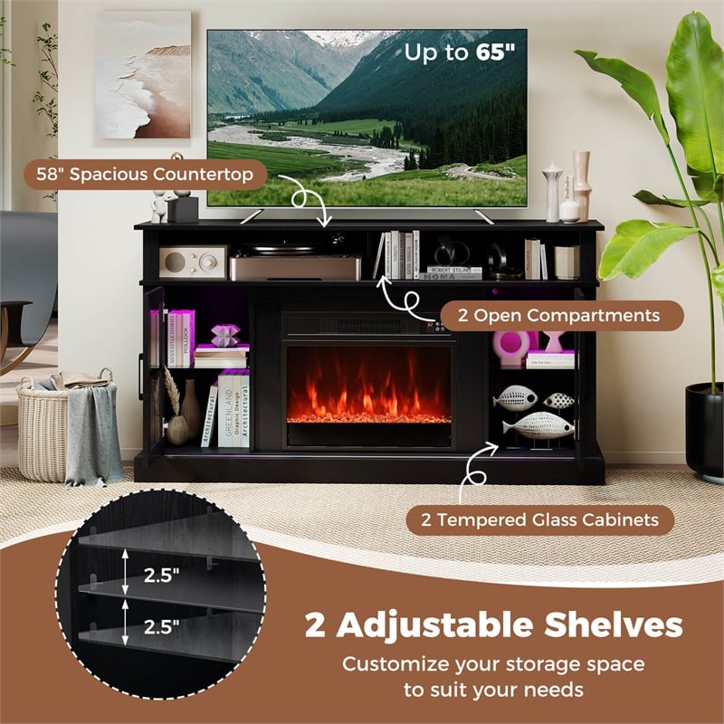 58inch Fireplace TV Stand with LED Lights for 65 Inch TV Black