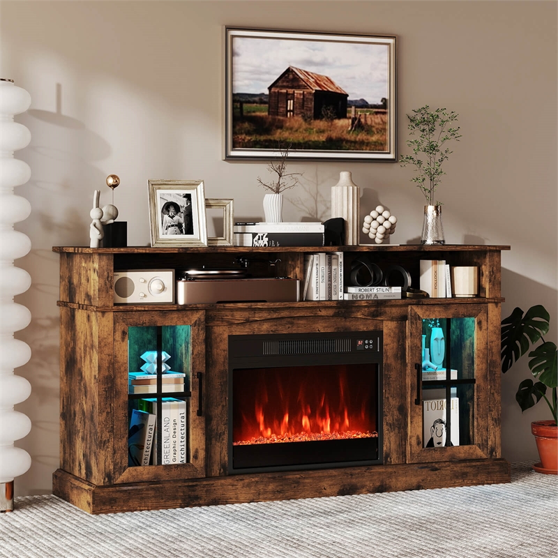 58inch Fireplace TV Stand with LED Lights for 65 Inch TV Brown