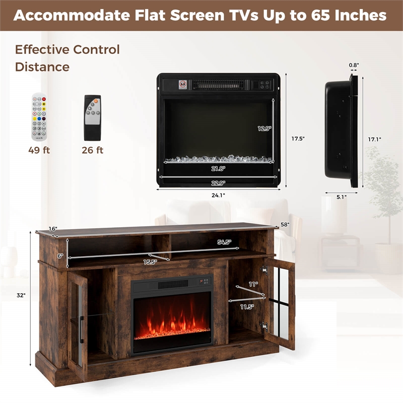 58inch Fireplace TV Stand with LED Lights for 65 Inch TV Brown