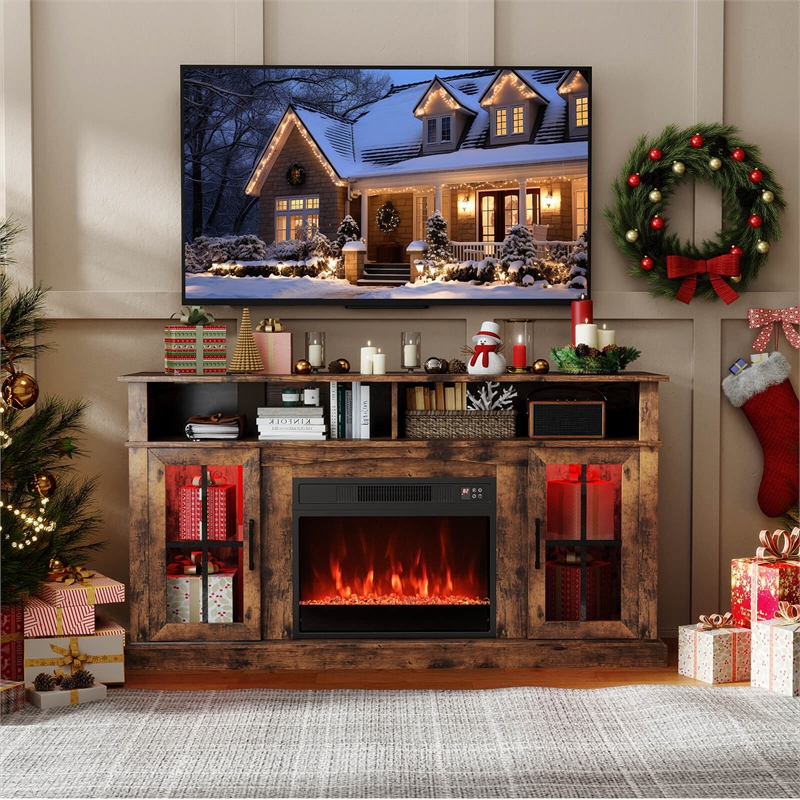 58inch Fireplace TV Stand with LED Lights for 65 Inch TV Brown