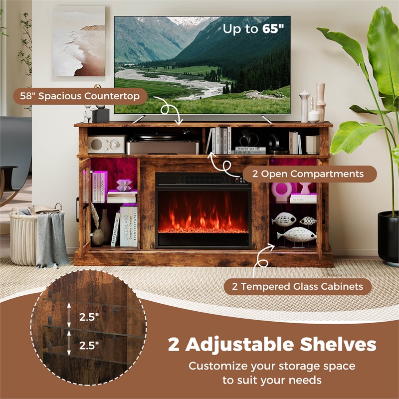 58inch Fireplace TV Stand with LED Lights for 65 Inch TV Brown