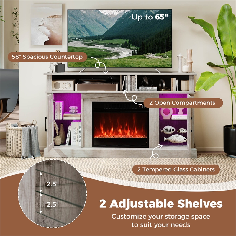 58inch Fireplace TV Stand with LED Lights for 65 Inch TV Gray