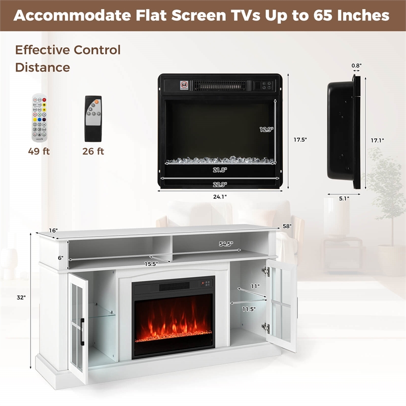 58inch Fireplace TV Stand with LED Lights fer for 65 Inch TV White