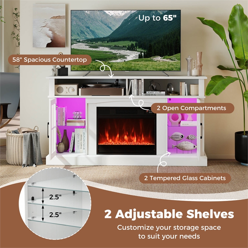 58inch Fireplace TV Stand with LED Lights fer for 65 Inch TV White