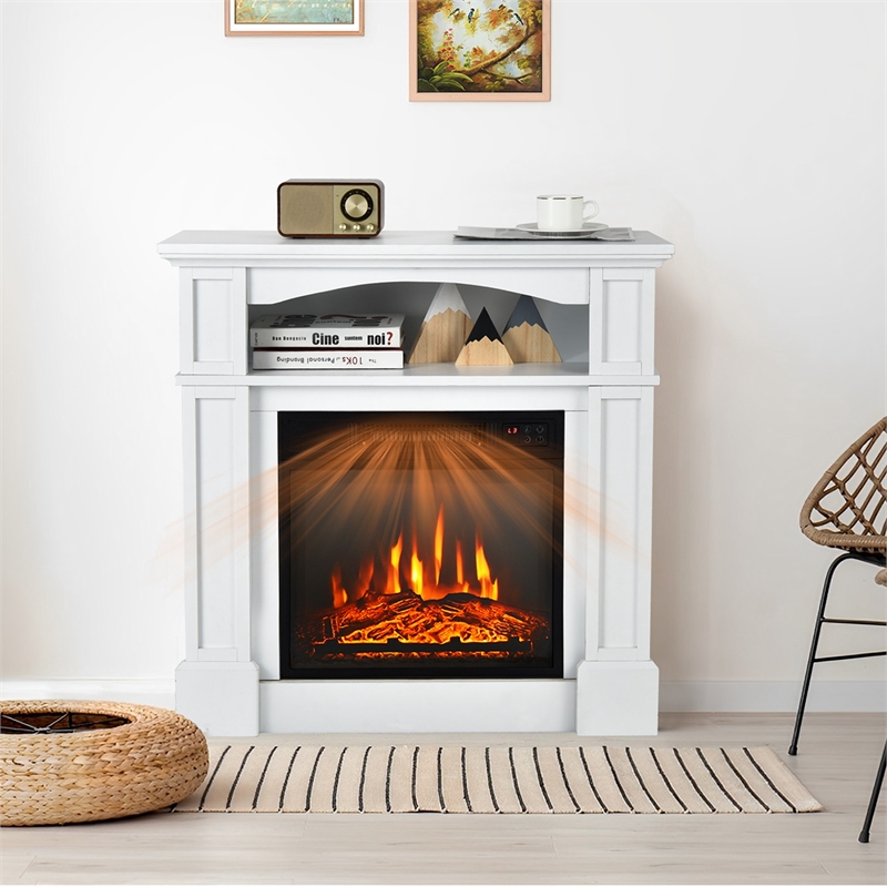 32inch 1400W Electric Fireplace Mantel TV Stand Space Heater with Shelf White