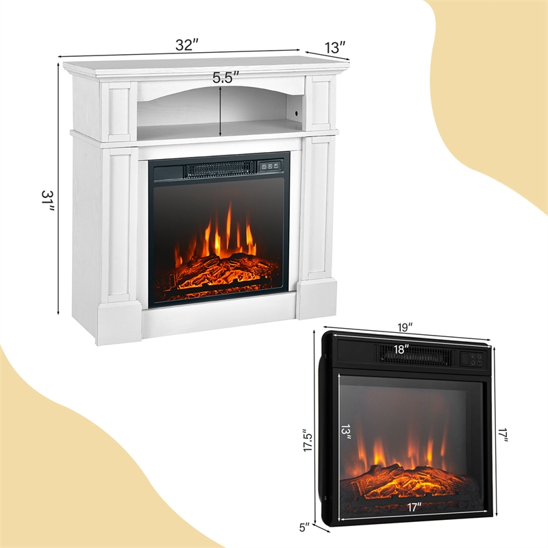 32inch 1400W Electric Fireplace Mantel TV Stand Space Heater with Shelf White