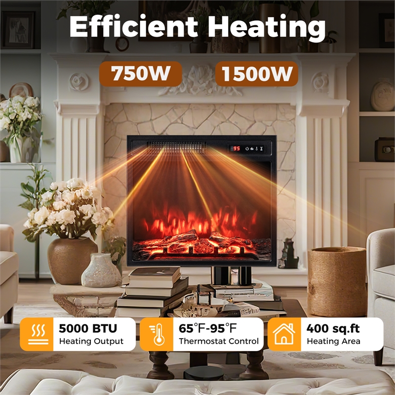 18inch Electric Fireplace Insert with 9H Timer Overheat Protection Black