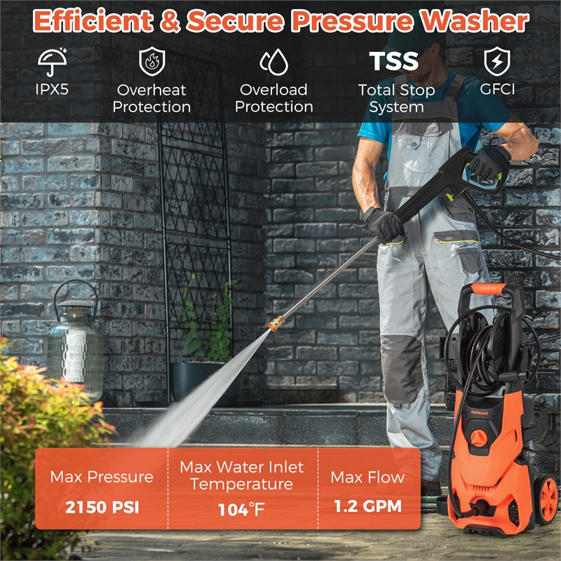Electric Pressure Washer 2150PSI 1.2GPM Power Washer Orange