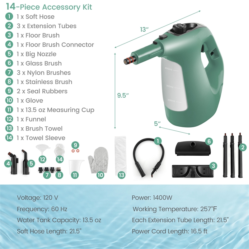 1400W Multipurpose Handheld Steam Cleaner Steam Mop Green