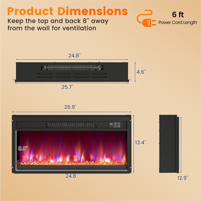 26inch Electric Fireplace Insert Recessed 1500W Fireplace Heater Black