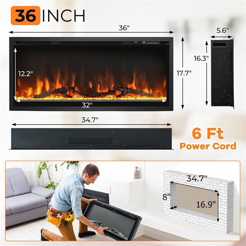 36inch Electric Fireplace Wall Mounted Freestanding with Remote Control Black
