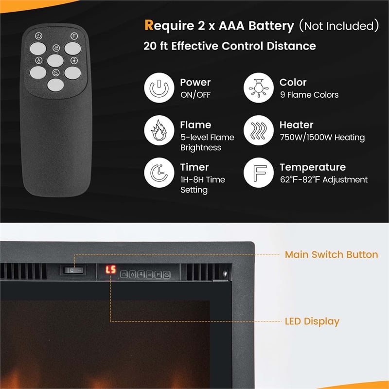 36inch Electric Fireplace Wall Mounted Freestanding with Remote Control Black