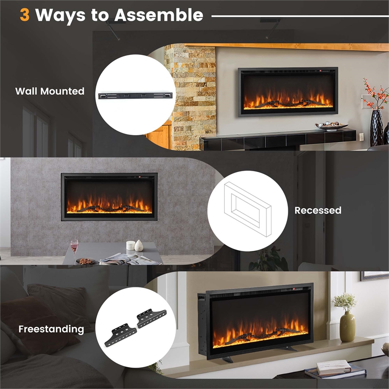 36inch Electric Fireplace Wall Mounted Freestanding with Remote Control Black
