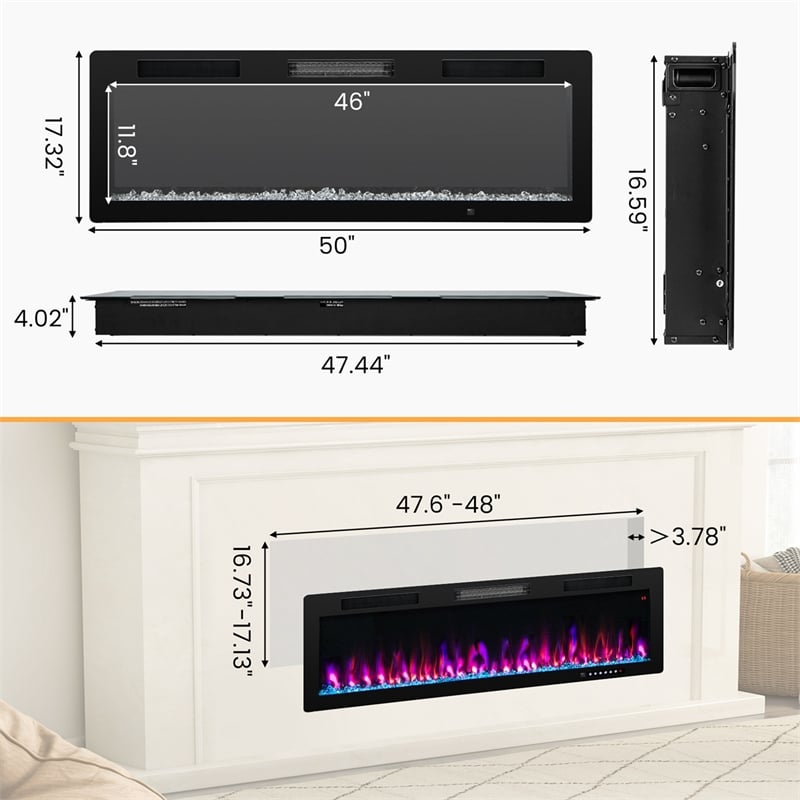 50inch Linear Electric Fireplace 1500W Recessed Wall Mounted Black
