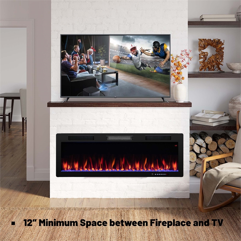 50inch Linear Electric Fireplace 1500W Recessed Wall Mounted Black