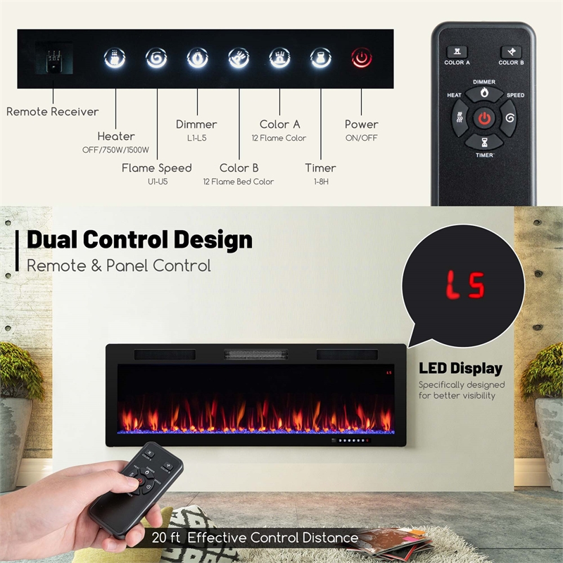 50inch Linear Electric Fireplace 1500W Recessed Wall Mounted Black