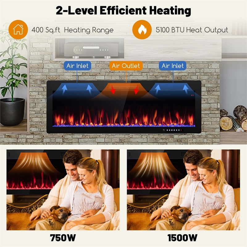 50inch Linear Electric Fireplace 1500W Recessed Wall Mounted Black