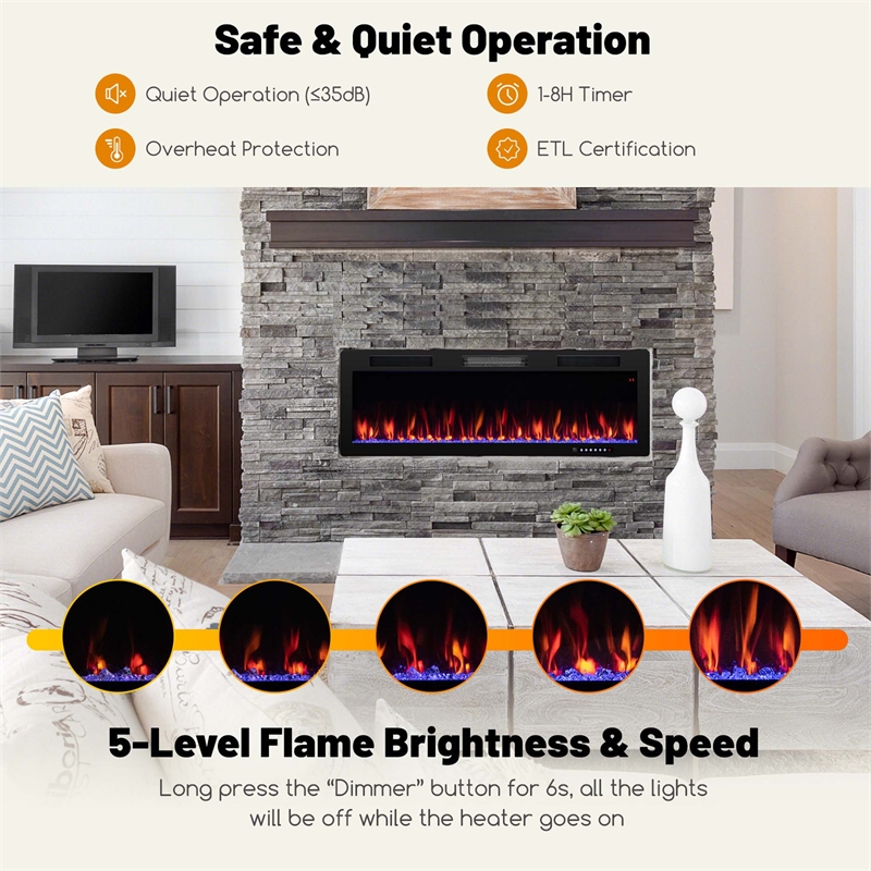 50inch Linear Electric Fireplace 1500W Recessed Wall Mounted Black