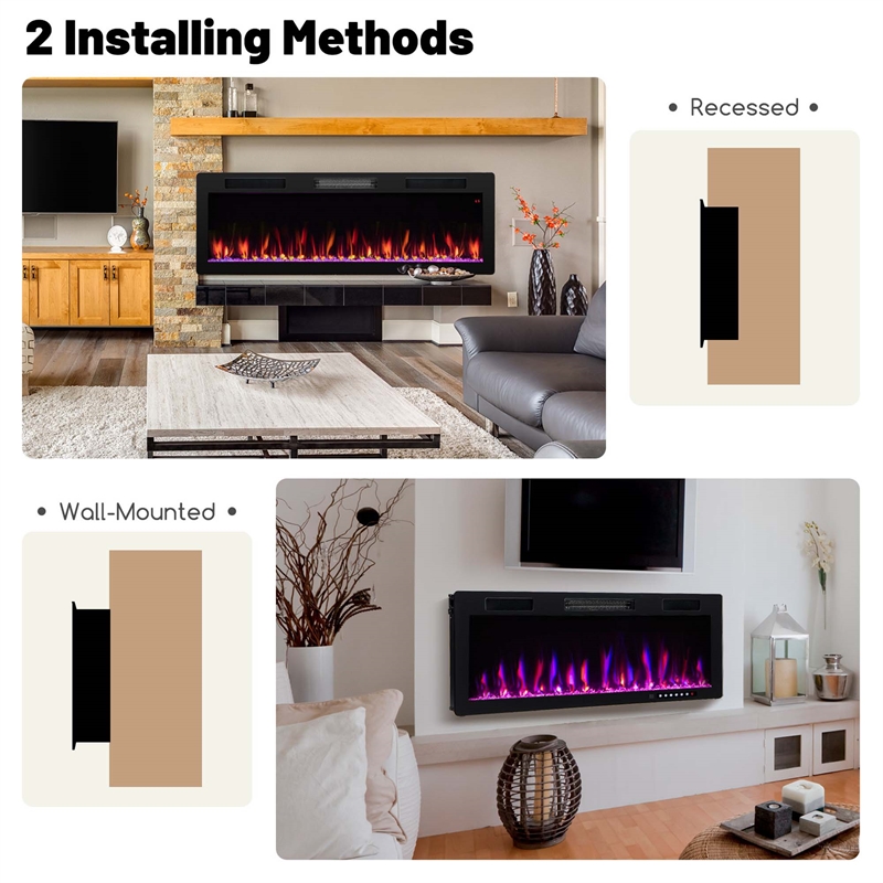50inch Linear Electric Fireplace 1500W Recessed Wall Mounted Black