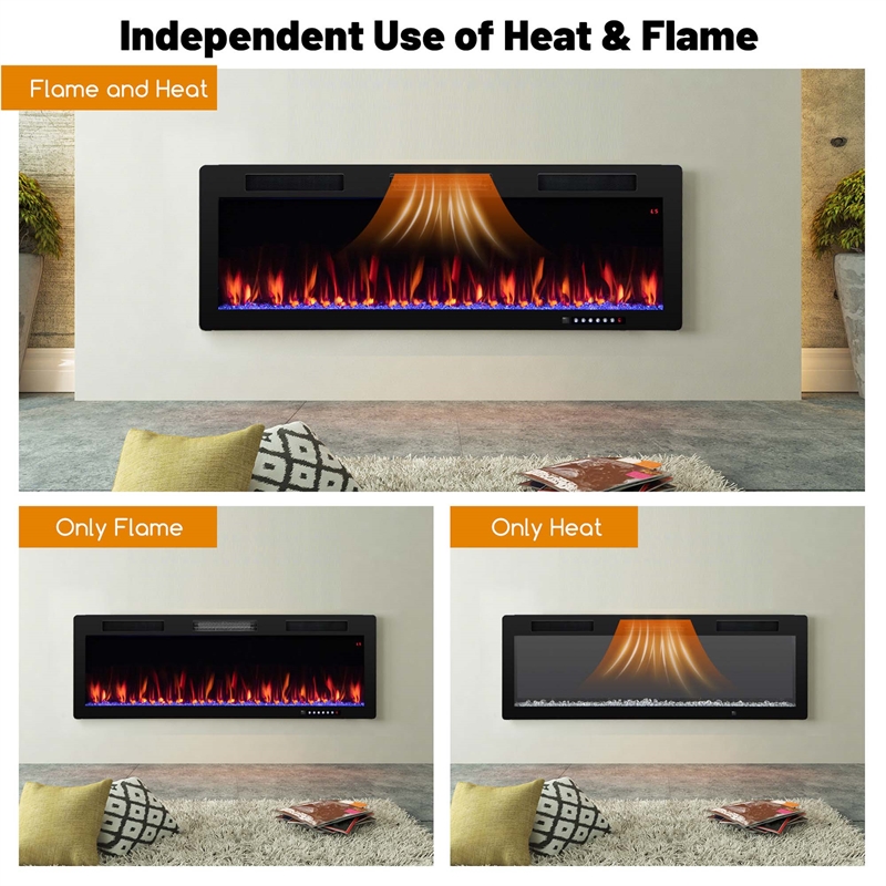 50inch Linear Electric Fireplace 1500W Recessed Wall Mounted Black