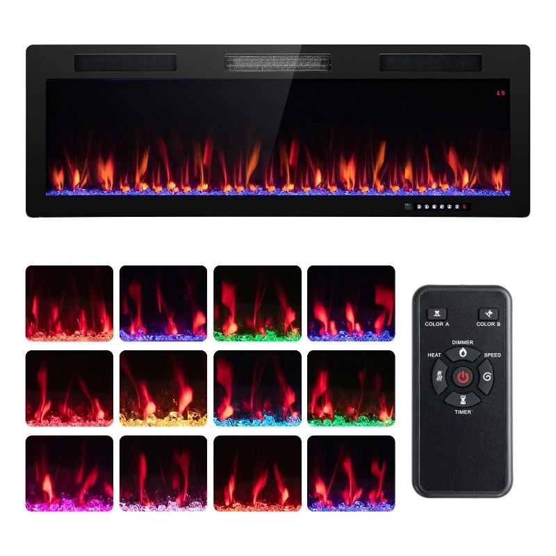 50inch Linear Electric Fireplace 1500W Recessed Wall Mounted Black