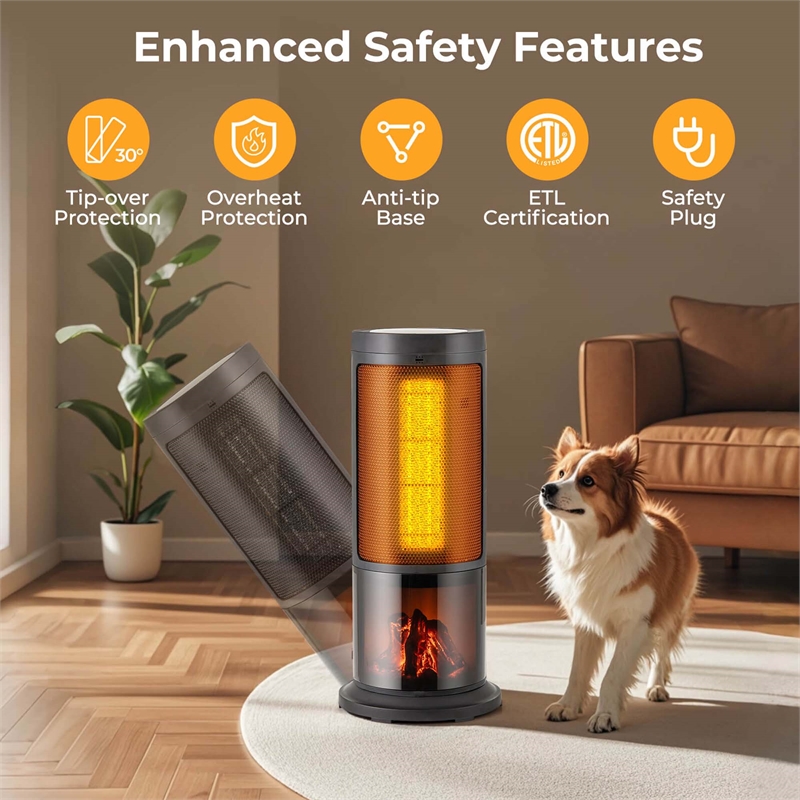 17 Inch Tower Space Heater for Indoor Use 1500W PTC Fireplace Heater Black