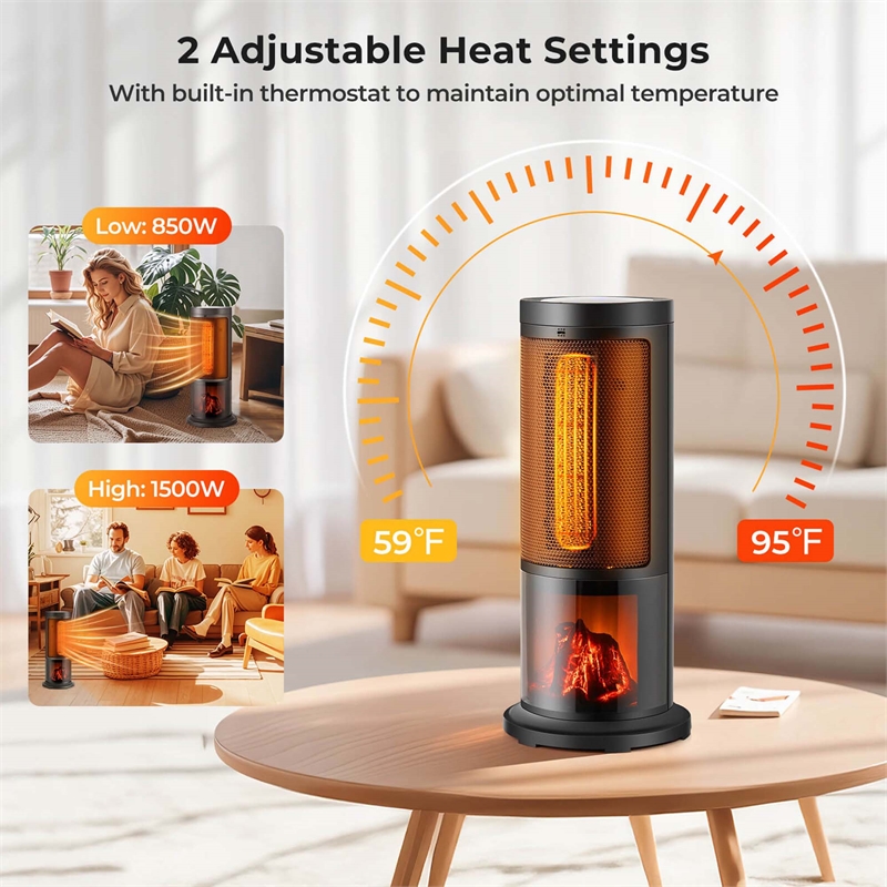 17 Inch Tower Space Heater for Indoor Use 1500W PTC Fireplace Heater Black