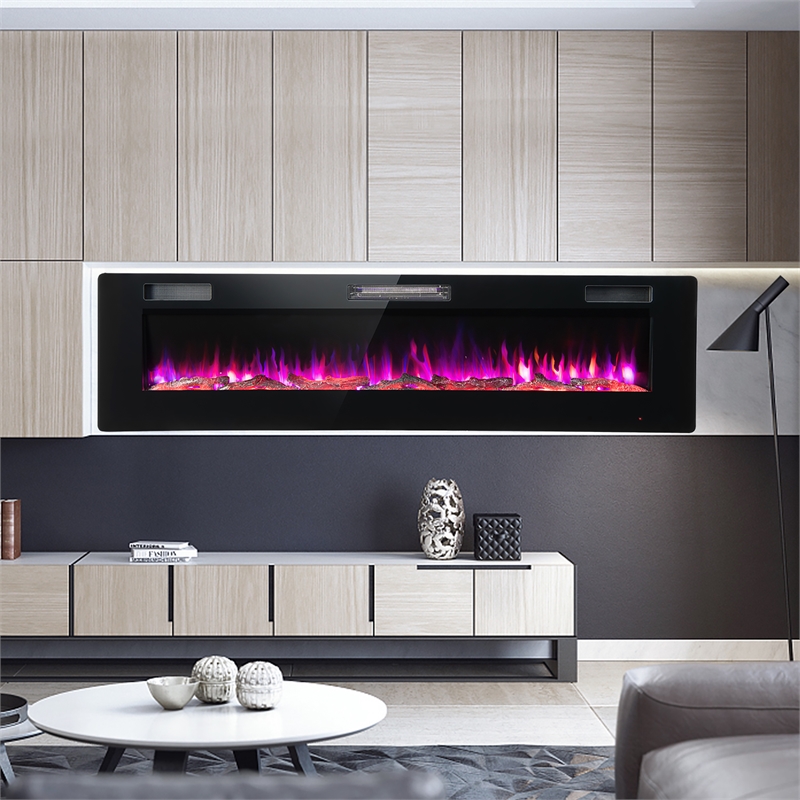 68inch Ultra Thin Electric Fireplace Recessed Wall Mounted Black