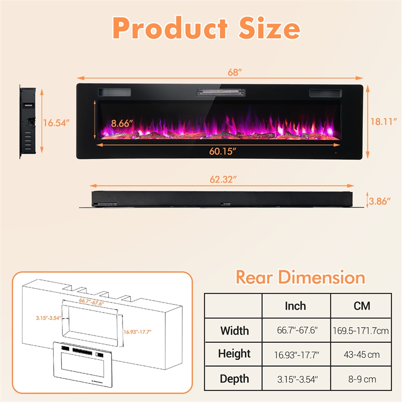 68inch Ultra Thin Electric Fireplace Recessed Wall Mounted Black