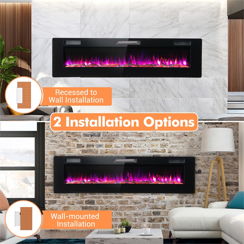 68inch Ultra Thin Electric Fireplace Recessed Wall Mounted Black