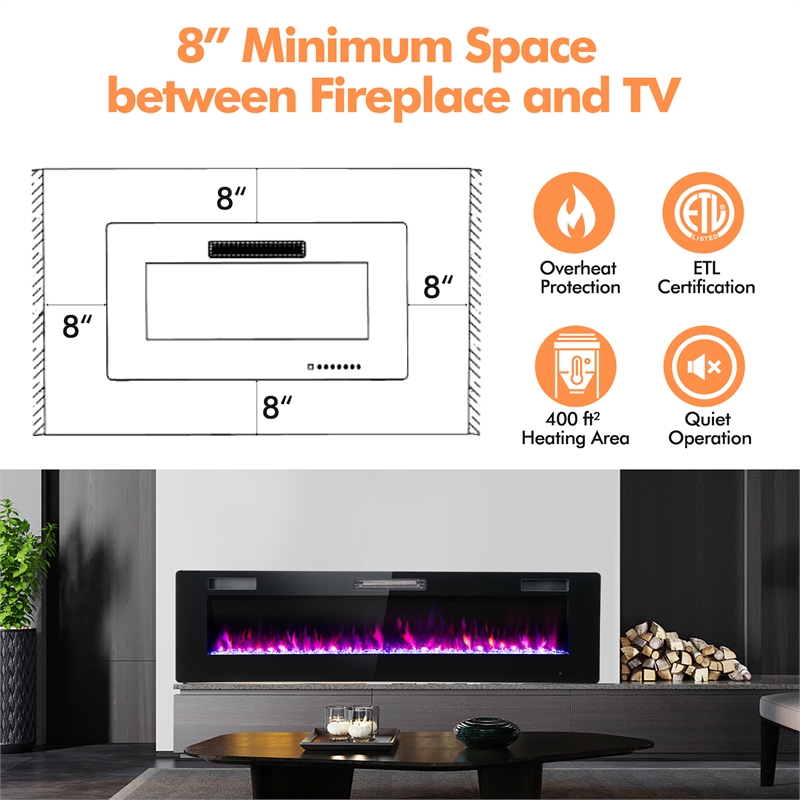 68inch Ultra Thin Electric Fireplace Recessed Wall Mounted Black